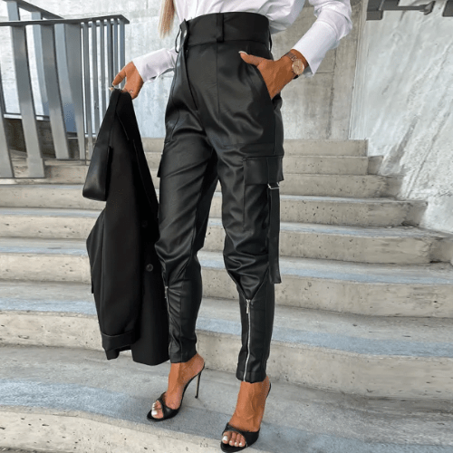 CALORA_ Elegante en Veelzijdige Leren Cargo Broek