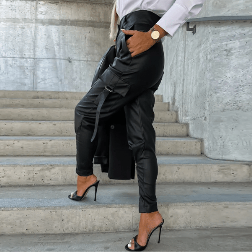 CALORA_ Elegante en Veelzijdige Leren Cargo Broek