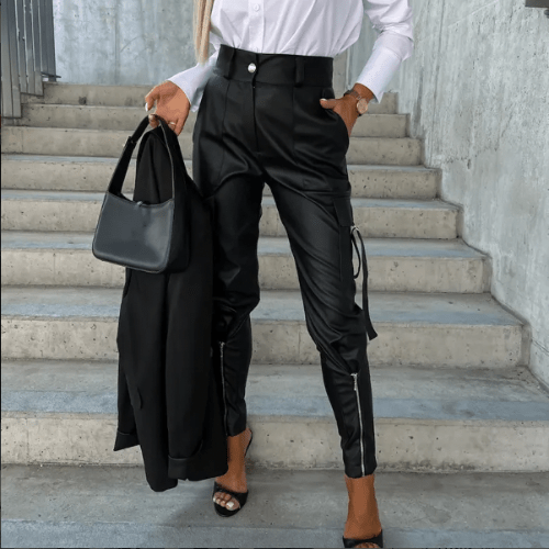 CALORA_ Elegante en Veelzijdige Leren Cargo Broek