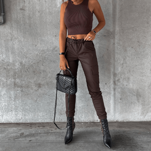CALORA_ Elegante en Veelzijdige Leren Cargo Broek