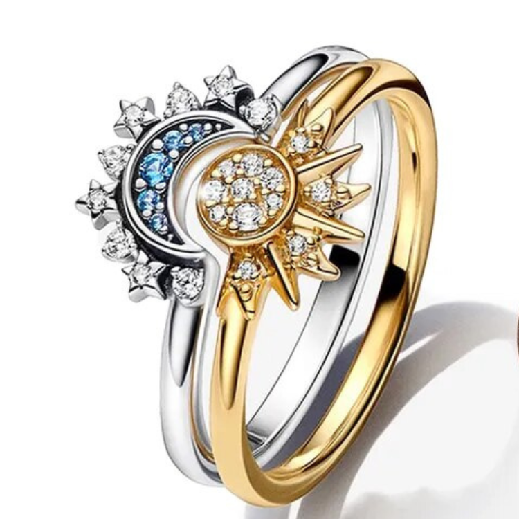 CALORA_ Funkelende Maan Zon Zilver Kristallen Ring voor Elegante Styling