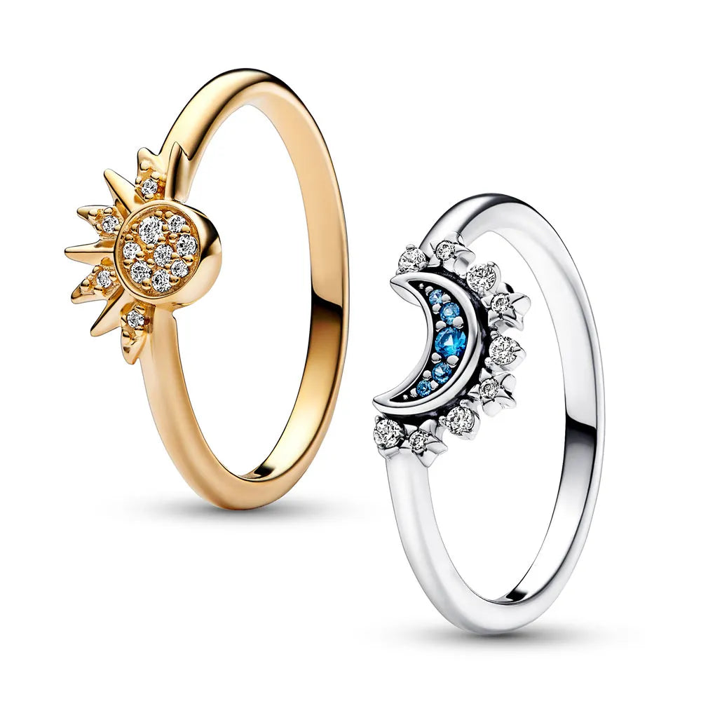 CALORA_ Funkelende Maan Zon Zilver Kristallen Ring voor Elegante Styling