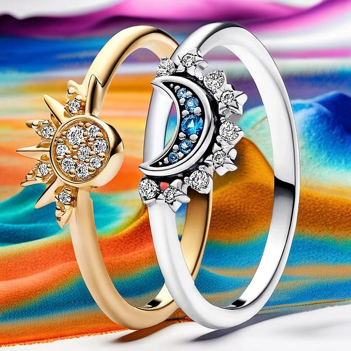 CALORA_ Funkelende Maan Zon Zilver Kristallen Ring voor Elegante Styling