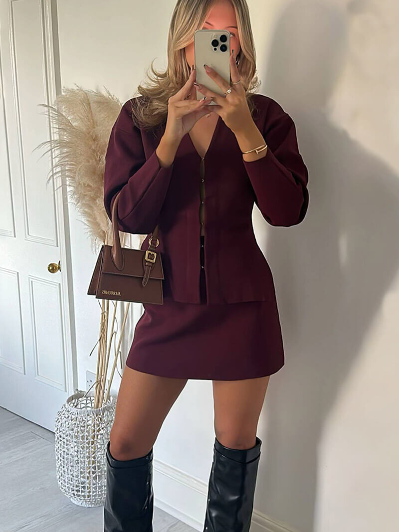 CALORA_ Gebreide Jurk Set met V-Hals en Lange Mouwen