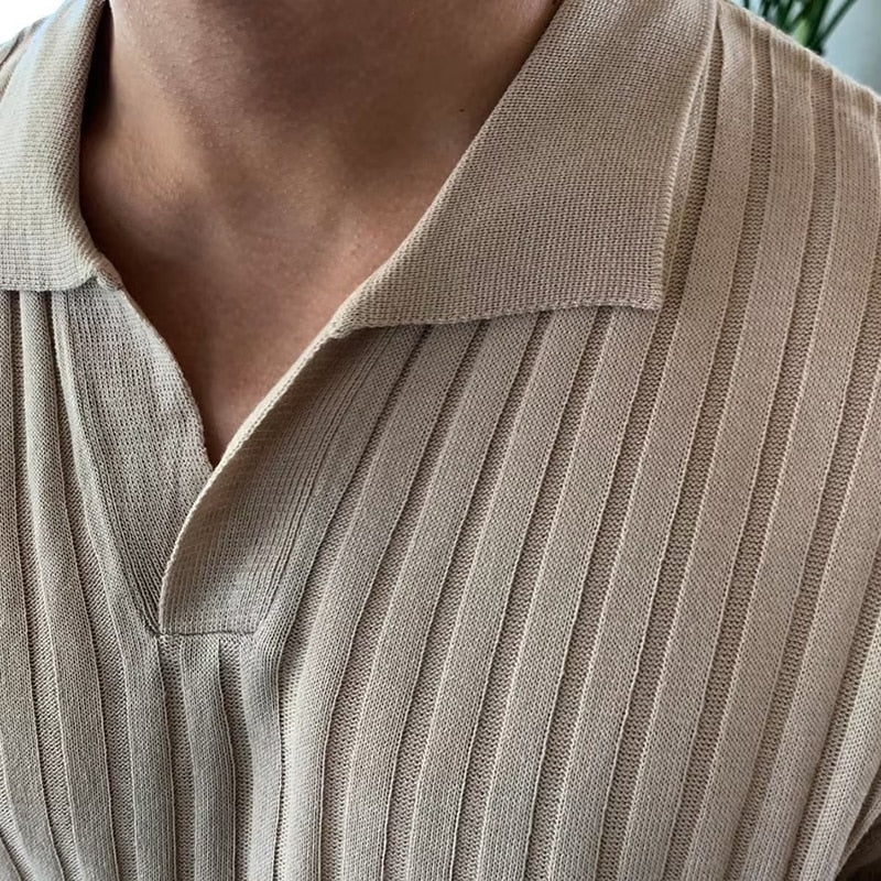 CALORA_ Gebreide Polo voor heren - Effen slim fit met korte mouwen en ribkraag