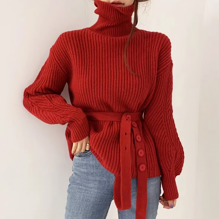 CALORA_ Gebreide trui met hoge hals, slouchy pasvorm en pofmouwen