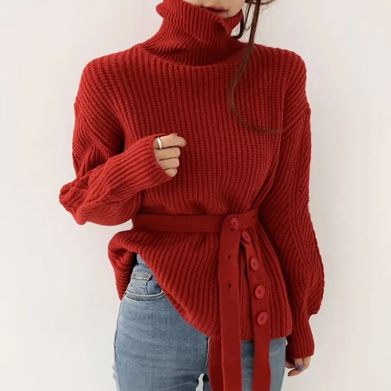 CALORA_ Gebreide trui met hoge hals, slouchy pasvorm en pofmouwen