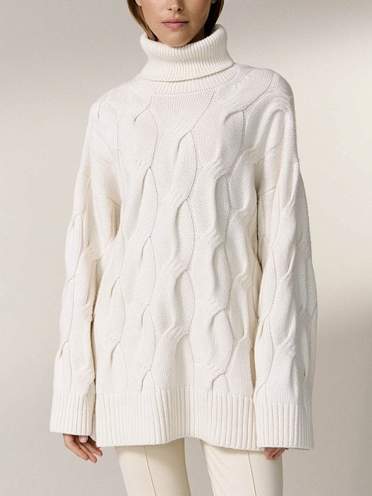 CALORA_ Gebreide witte Ribbed Sweater Trui met Col