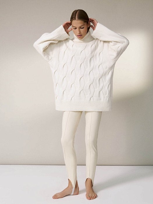 CALORA_ Gebreide witte Ribbed Sweater Trui met Col