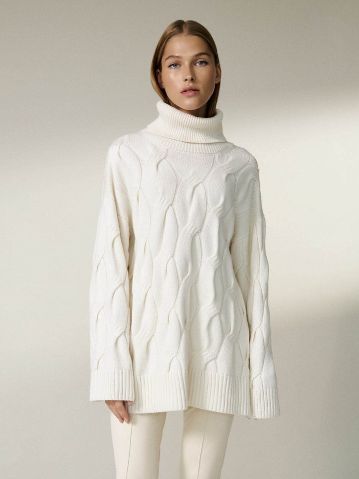 CALORA_ Gebreide witte Ribbed Sweater Trui met Col