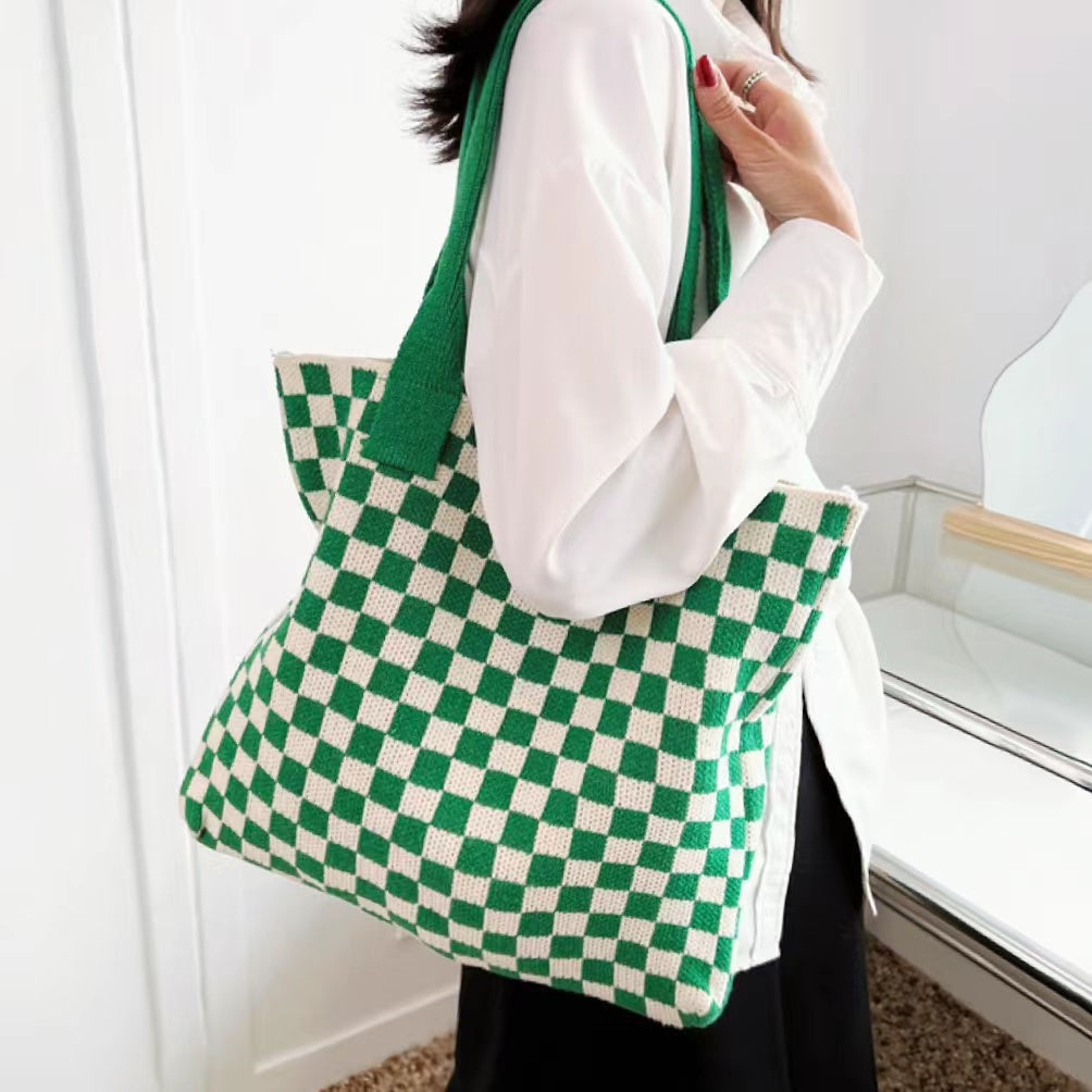 CALORA_ Geruite Gebreide Tote Bag Tas