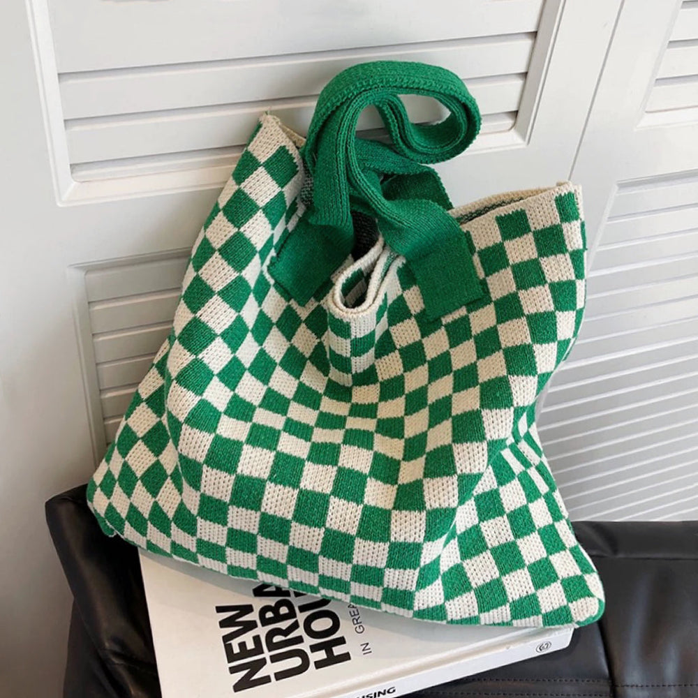 CALORA_ Geruite Gebreide Tote Bag Tas