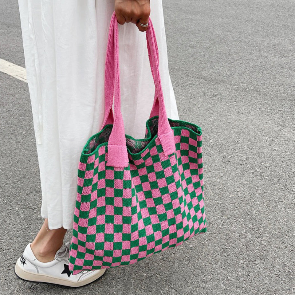 CALORA_ Geruite Gebreide Tote Bag Tas