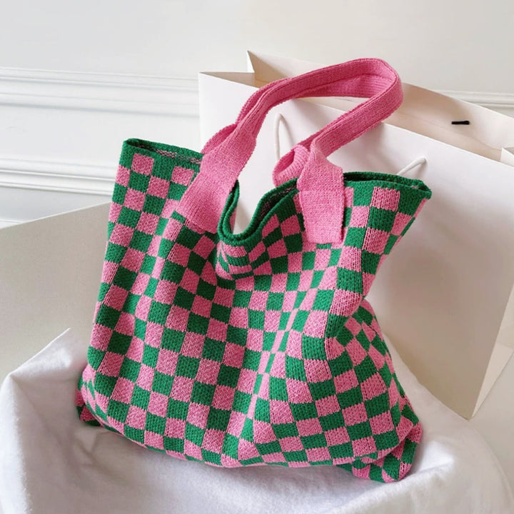 CALORA_ Geruite Gebreide Tote Bag Tas