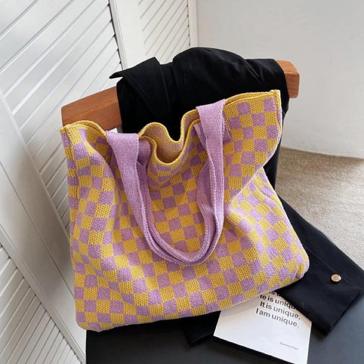 CALORA_ Geruite Gebreide Tote Bag Tas