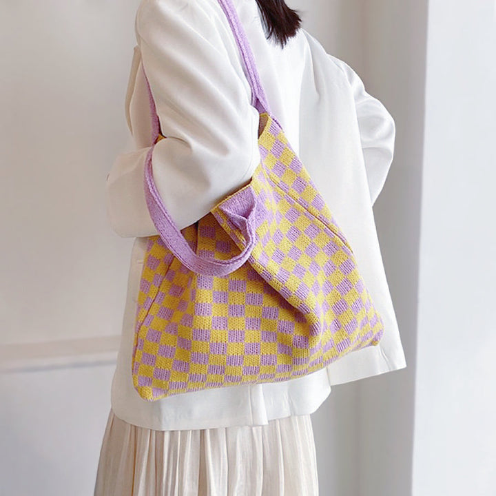 CALORA_ Geruite Gebreide Tote Bag Tas