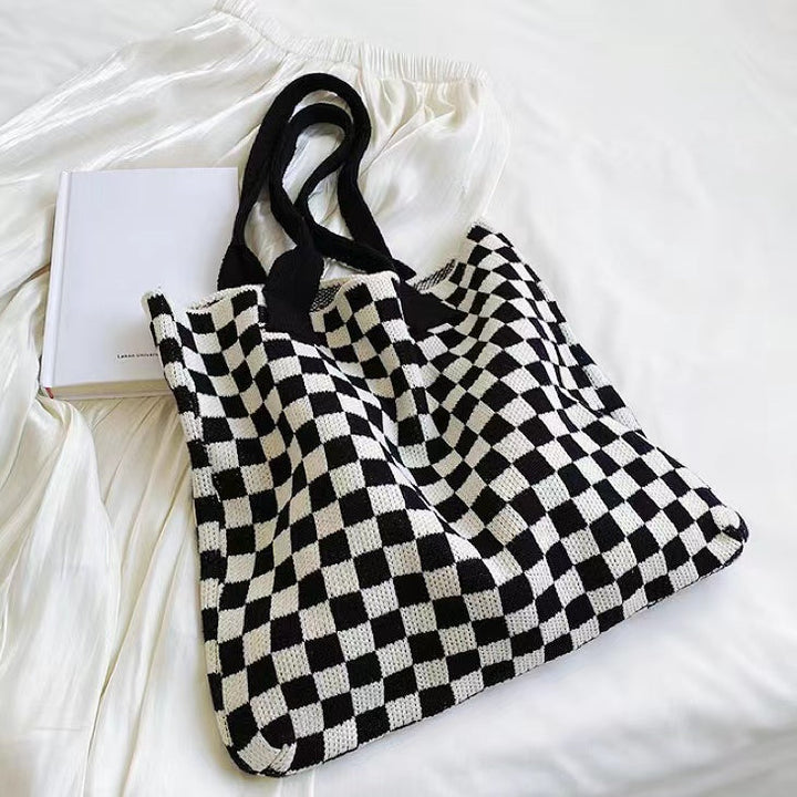 CALORA_ Geruite Gebreide Tote Bag Tas