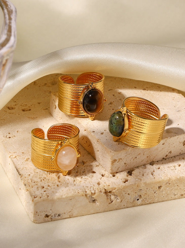 CALORA_ Glad Gouden Geplateerde Ovalen Steen Verstelbare Open Ring