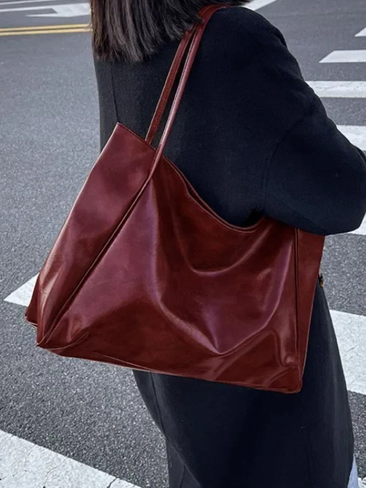 CALORA_ Grote Dames Leren Schoudertas Shopper in Burgundy Rood