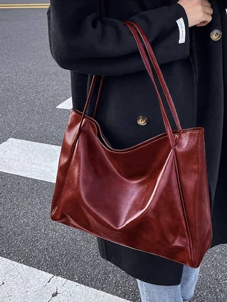 CALORA_ Grote Dames Leren Schoudertas Shopper in Burgundy Rood