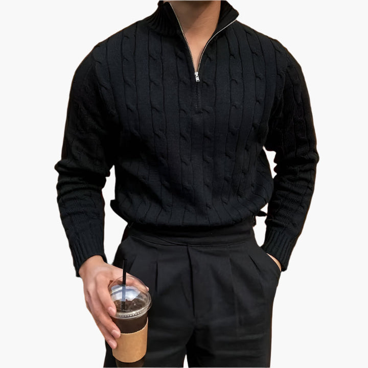 CALORA_ Half Zip Gebreide Trui Met Kabelpatroon En Hoge Hals