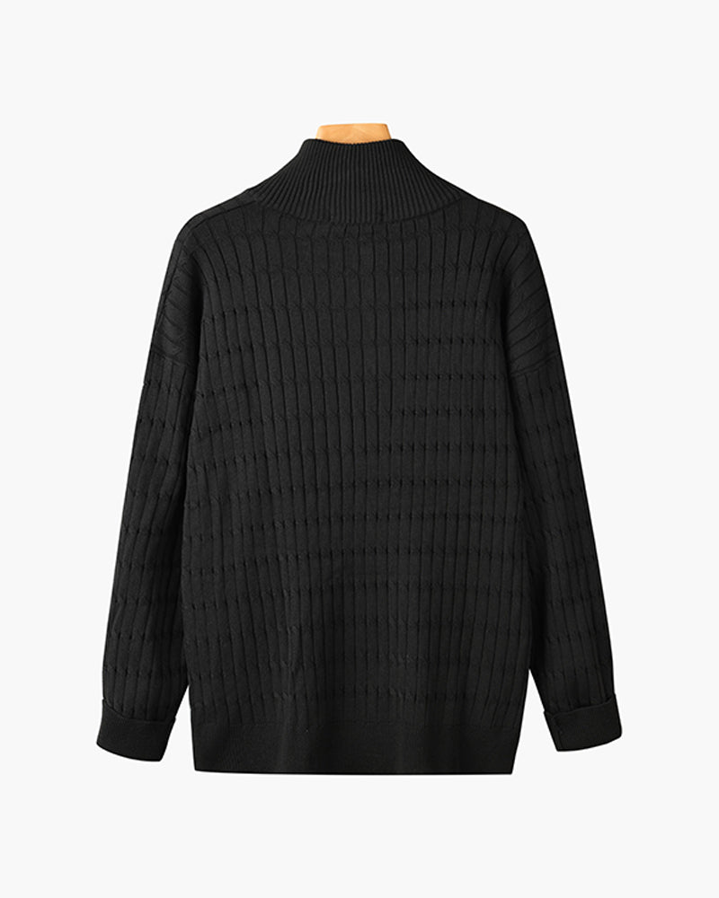 CALORA_ Half Zip Gebreide Trui Met Kabelpatroon En Hoge Hals