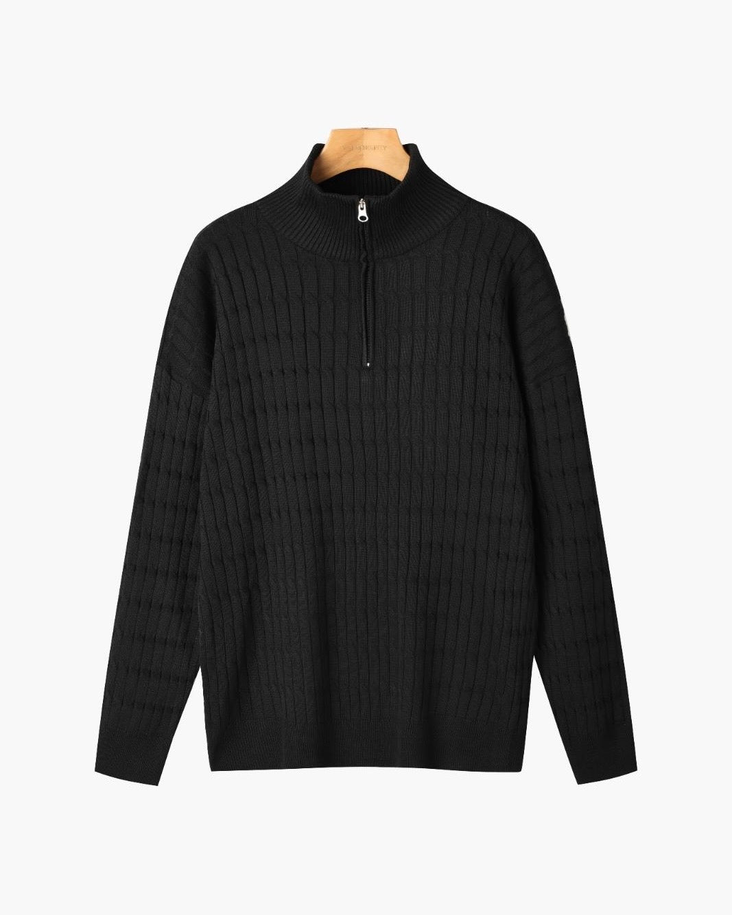 CALORA_ Half Zip Gebreide Trui Met Kabelpatroon En Hoge Hals