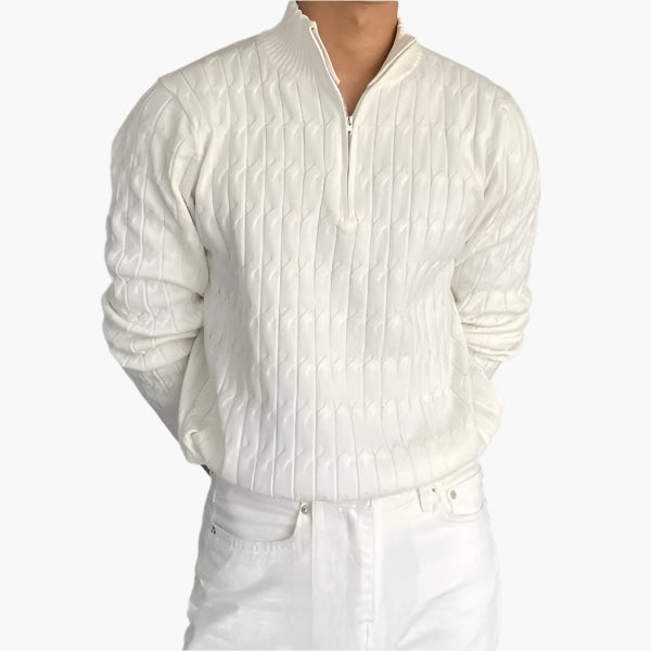 CALORA_ Half Zip Gebreide Trui Met Kabelpatroon En Hoge Hals