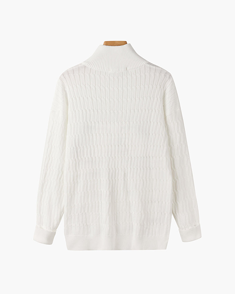 CALORA_ Half Zip Gebreide Trui Met Kabelpatroon En Hoge Hals
