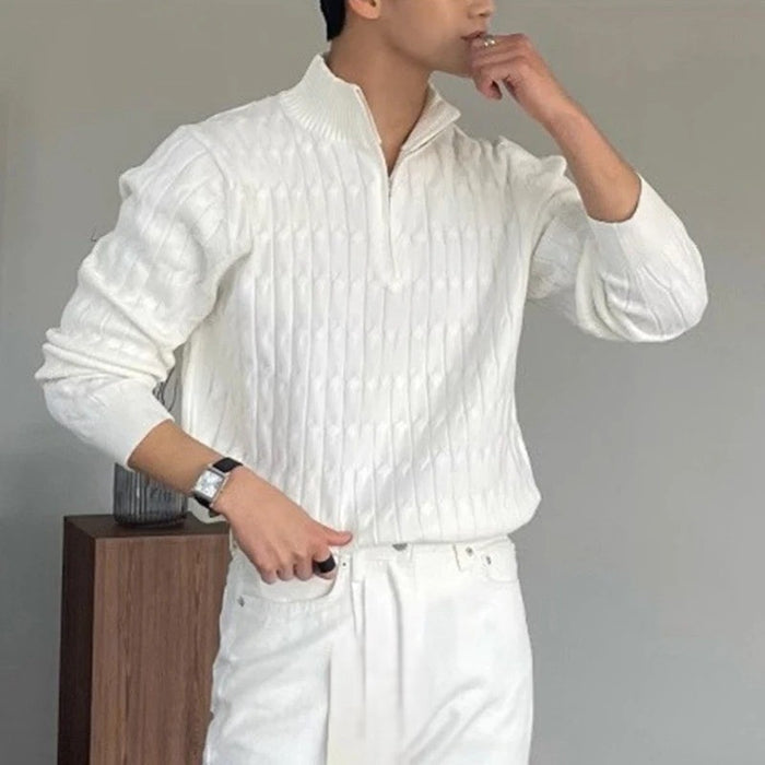 CALORA_ Half Zip Gebreide Trui Met Kabelpatroon En Hoge Hals