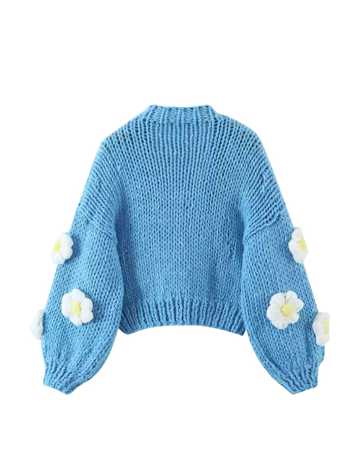 CALORA_ Handgebreide Bloemen Cardigan met Ballonmouwen en Zachte Knit