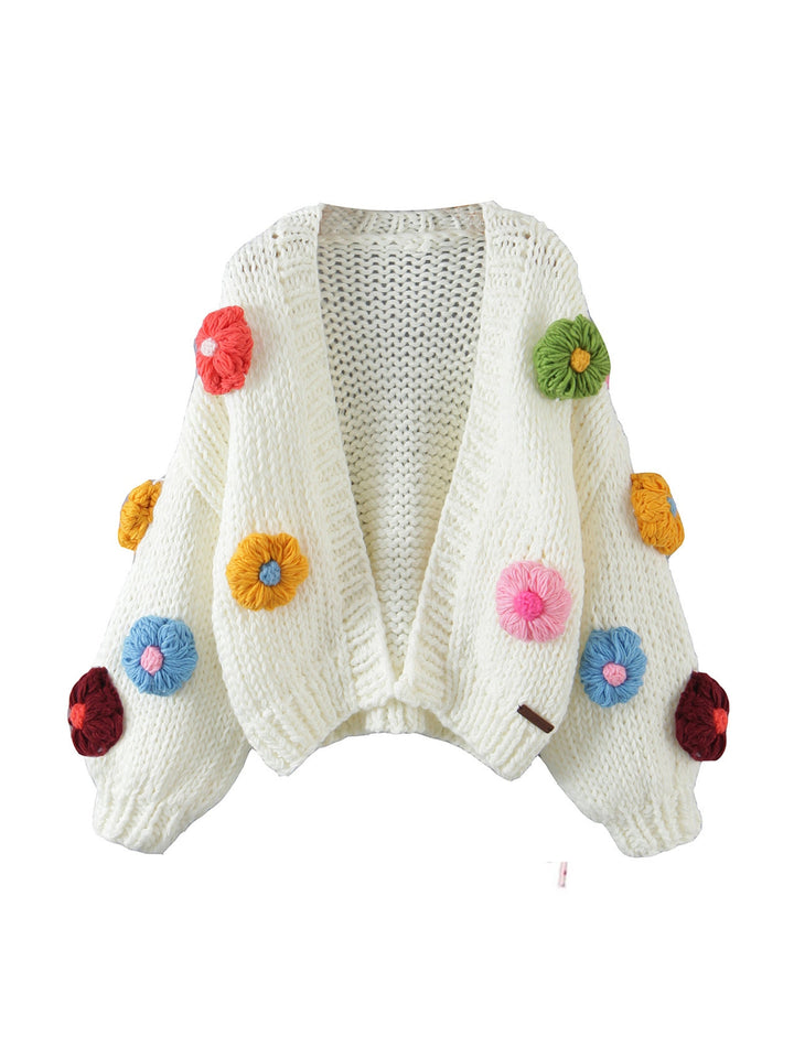 CALORA_ Handgebreide Bloemen Cardigan met Ballonmouwen en Zachte Knit