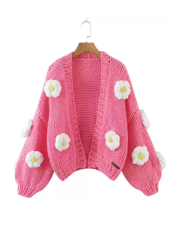 CALORA_ Handgebreide Bloemen Cardigan met Ballonmouwen en Zachte Knit