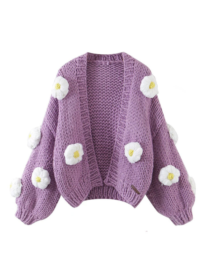 CALORA_ Handgebreide Bloemen Cardigan met Ballonmouwen en Zachte Knit