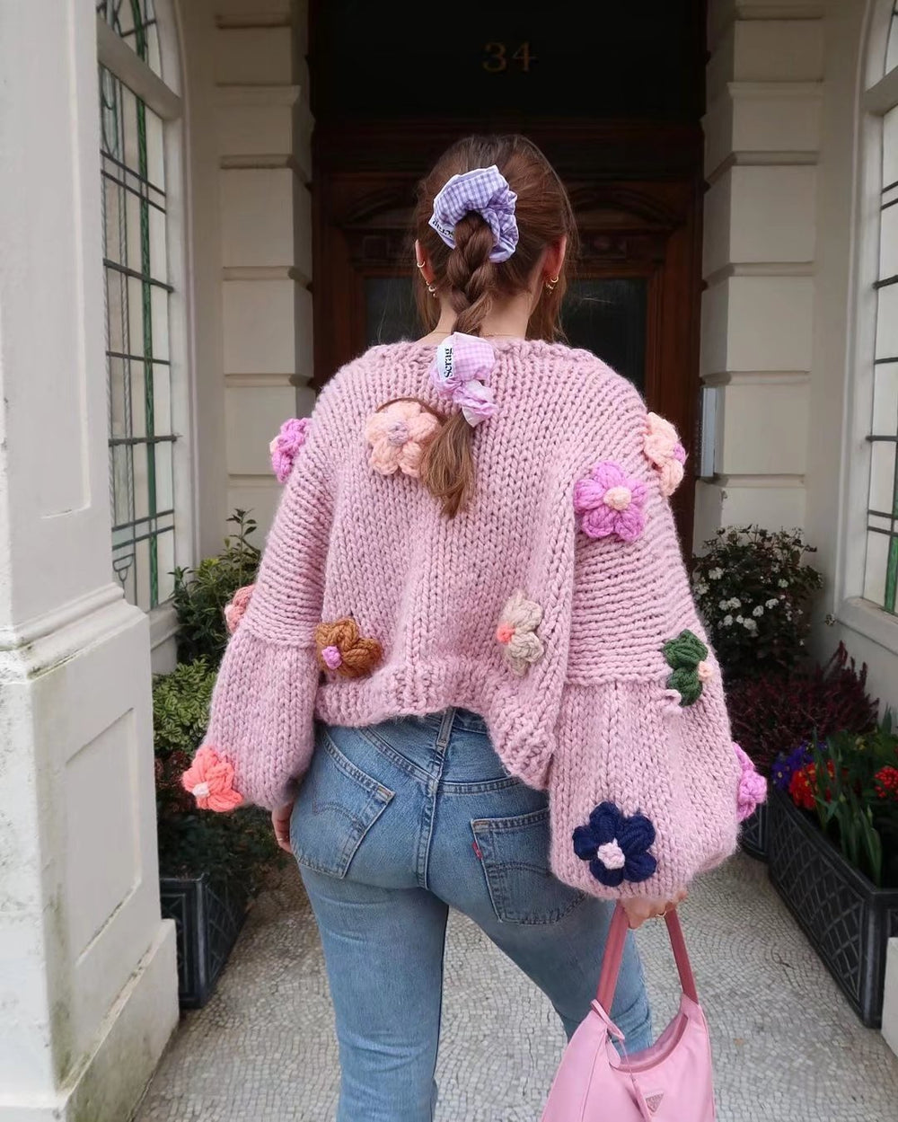 CALORA_ Handgebreide Bloemen Cardigan met Ballonmouwen en Zachte Knit