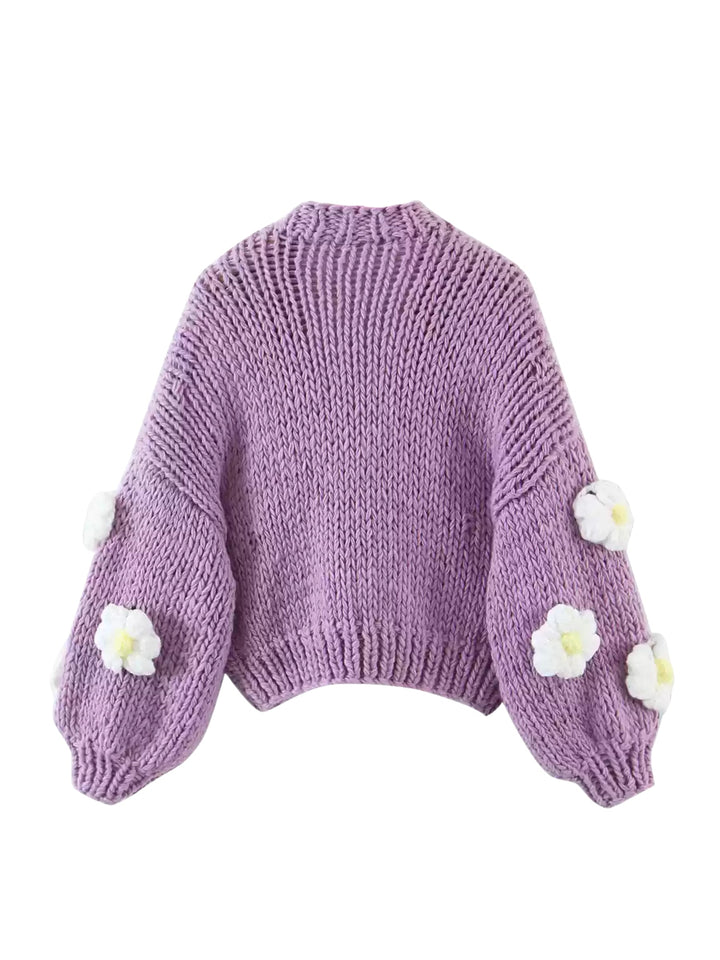 CALORA_ Handgebreide Bloemen Cardigan met Ballonmouwen en Zachte Knit