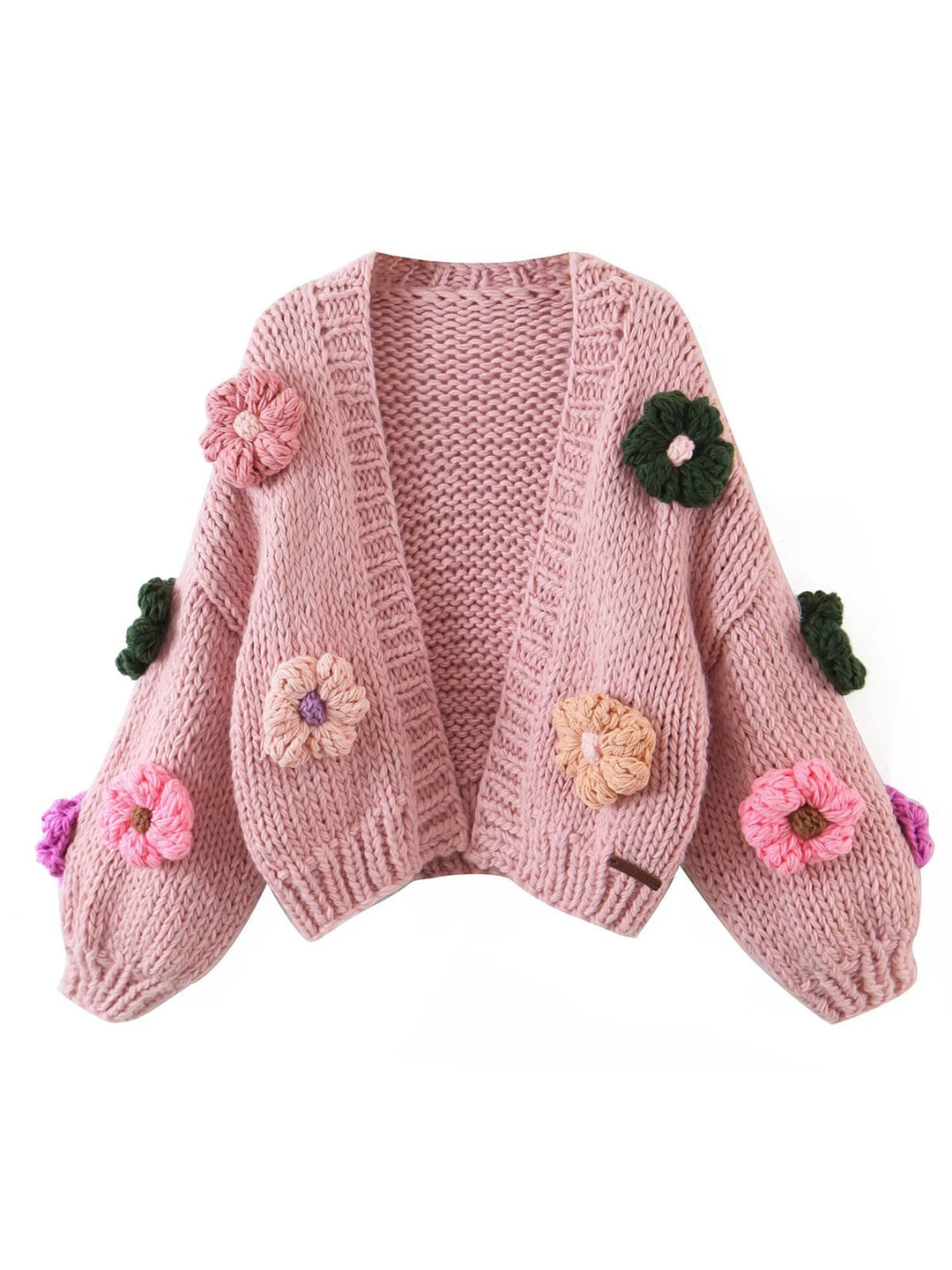 CALORA_ Handgebreide Bloemen Cardigan met Ballonmouwen en Zachte Knit