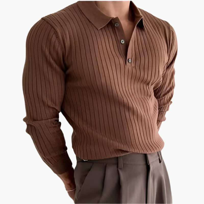 CALORA_ Heren Polo Met Knopenkraag En Verticale Ribstructuur