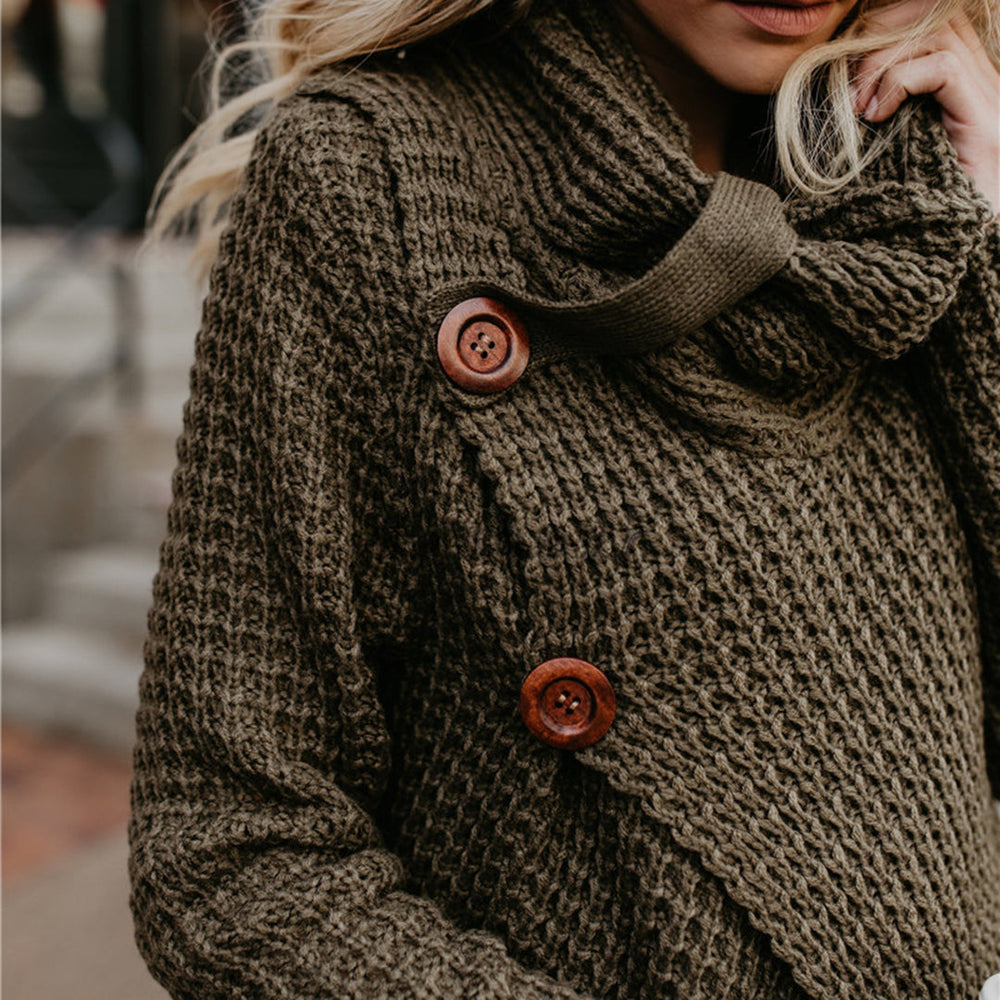 CALORA_ Herfsttrui hoge revers pullover knoop effen kleur