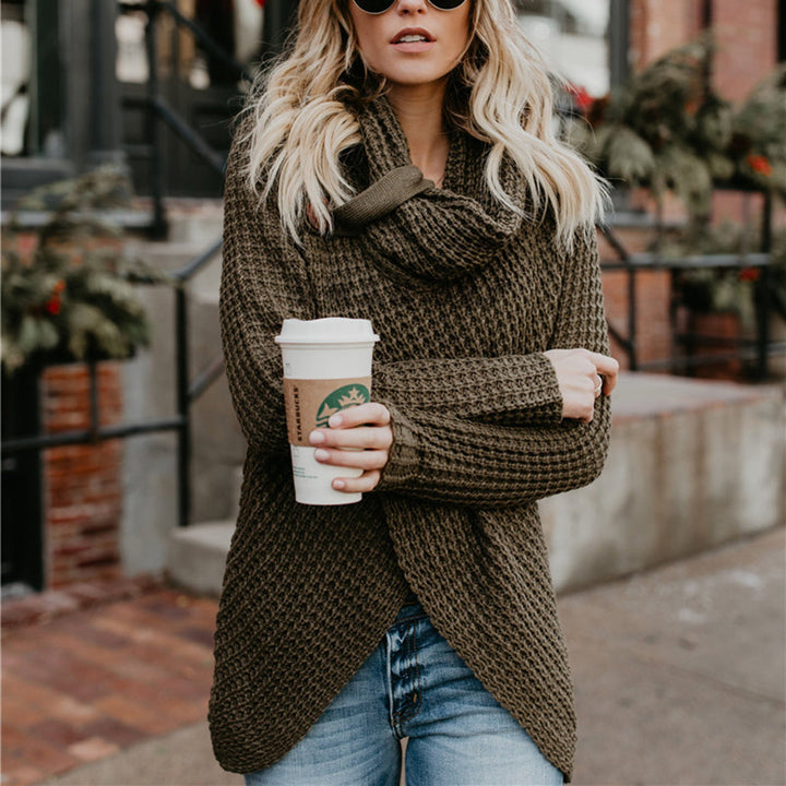 CALORA_ Herfsttrui hoge revers pullover knoop effen kleur