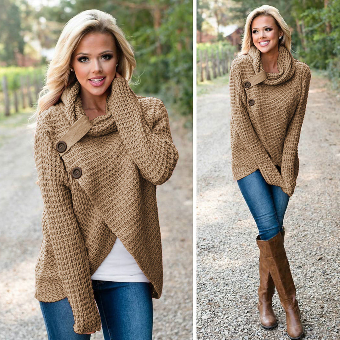 CALORA_ Herfsttrui hoge revers pullover knoop effen kleur