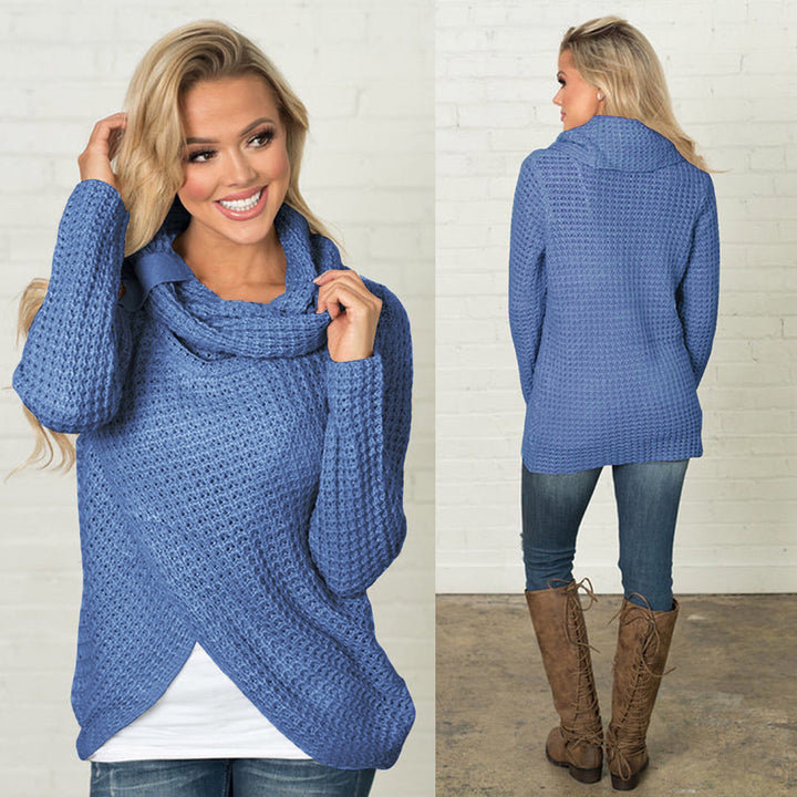 CALORA_ Herfsttrui hoge revers pullover knoop effen kleur