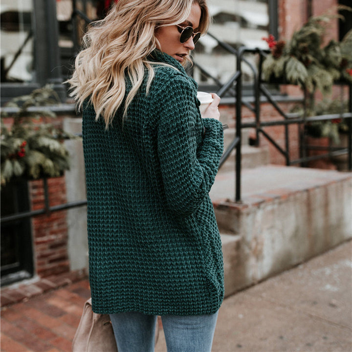 CALORA_ Herfsttrui hoge revers pullover knoop effen kleur