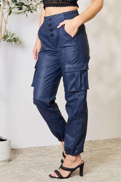 CALORA_ Hoge Taille Vegan Leren Cargo Joggingbroek