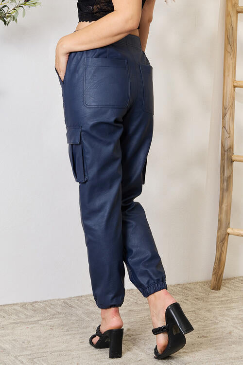 CALORA_ Hoge Taille Vegan Leren Cargo Joggingbroek
