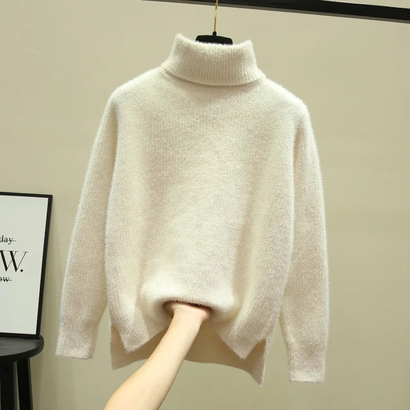 CALORA_ Isa | Dames hoge kraag losse verdikte imitatie nerts fleece trui