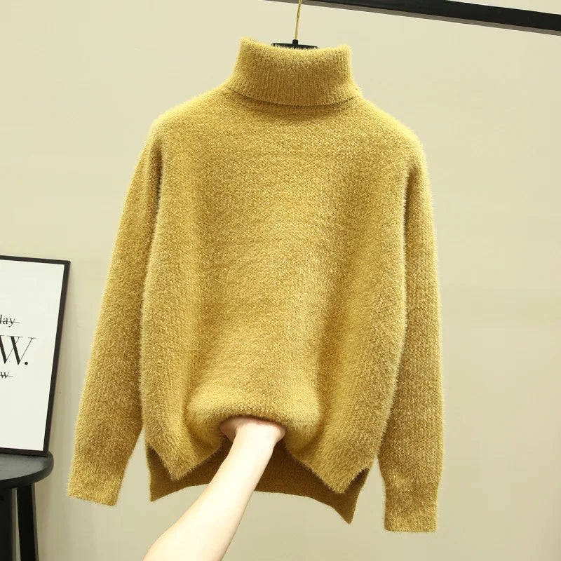 CALORA_ Isa | Dames hoge kraag losse verdikte imitatie nerts fleece trui