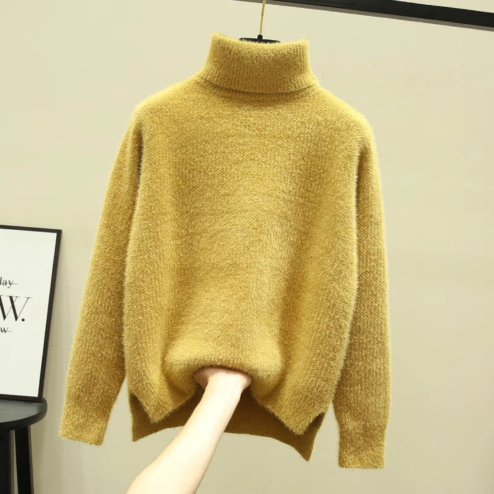 CALORA_ Isa | Dames hoge kraag losse verdikte imitatie nerts fleece trui