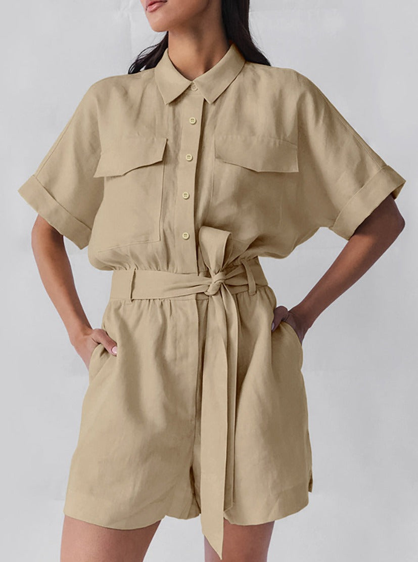 CALORA_ Lace-up veelzijdige short sleeve brede pijpen Jumpsuit