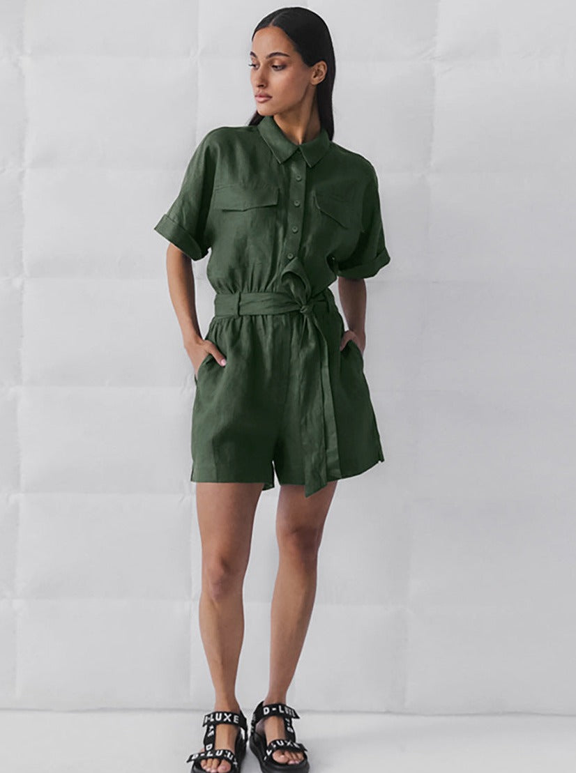 CALORA_ Lace-up veelzijdige short sleeve brede pijpen Jumpsuit